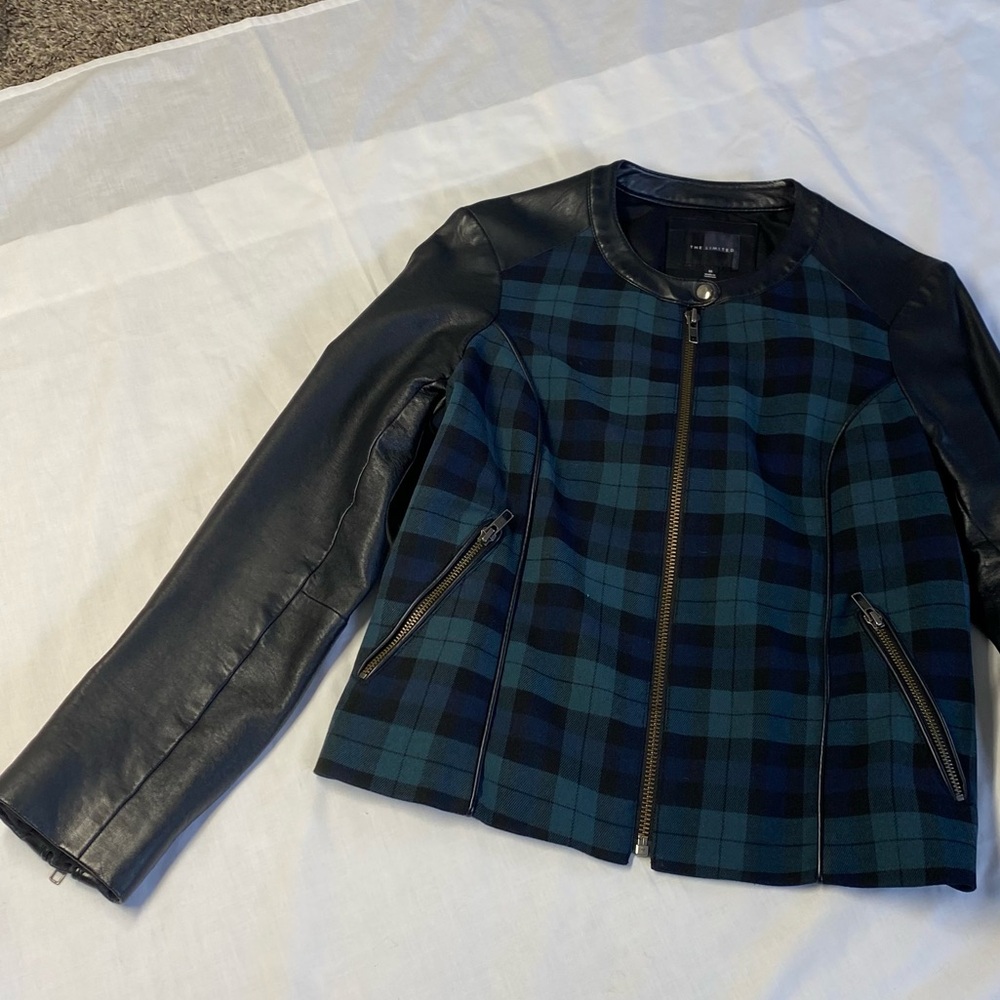The Limited Black & Teal Plaid Leather-Sleeve Zip Jacket